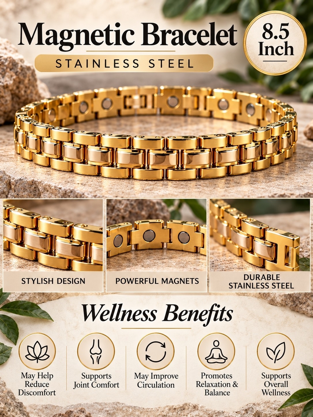 Gold Magnetic Stainless Steel Bracelet Wellness Link Design